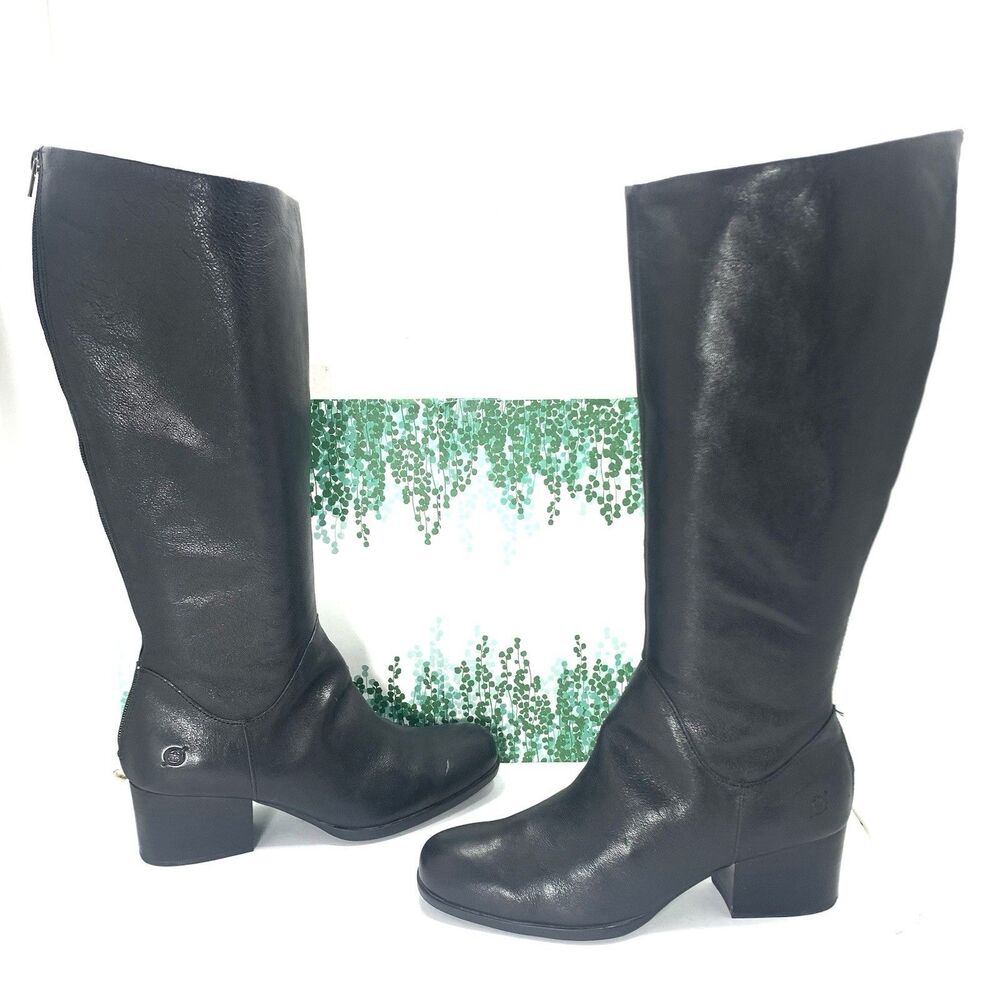BORN Black Leather Tall Stacked Heel Boots 9.5 Womens